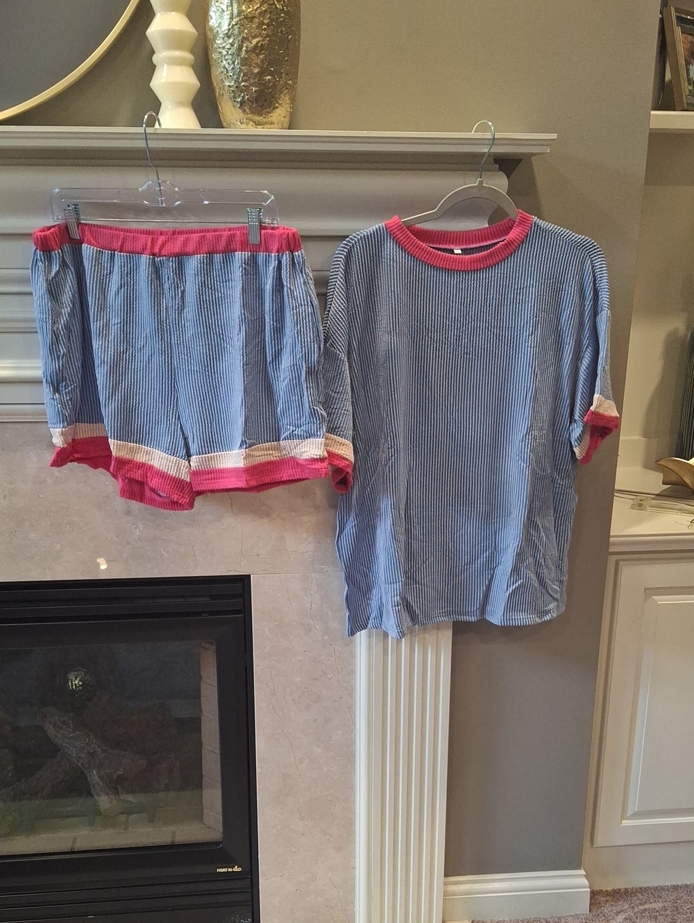 Womens Blue Pinstripe Lounge Set with Pink Trim